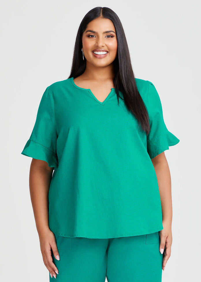 Cotton Linen Flutter Sleeve Top, , hi-res
