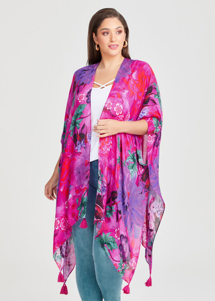 Floral Printed Cape Kimono, , hi-res