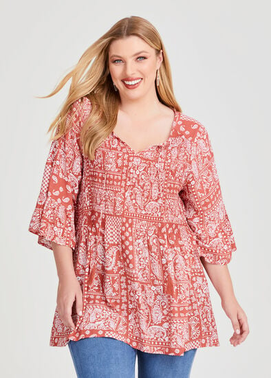 Plus Size Natural Scarf Print Tunic