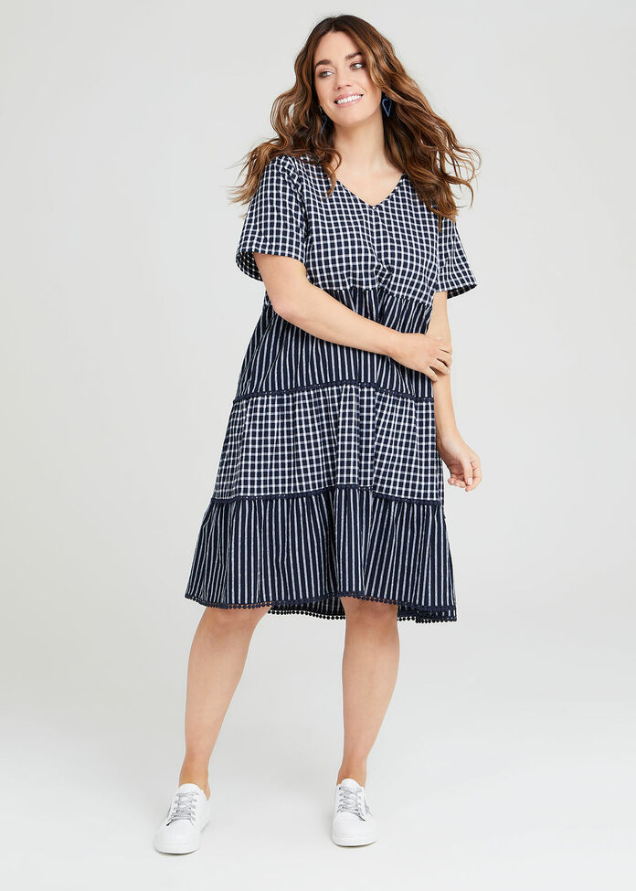 Cotton Stripe Gingham Dress, , hi-res