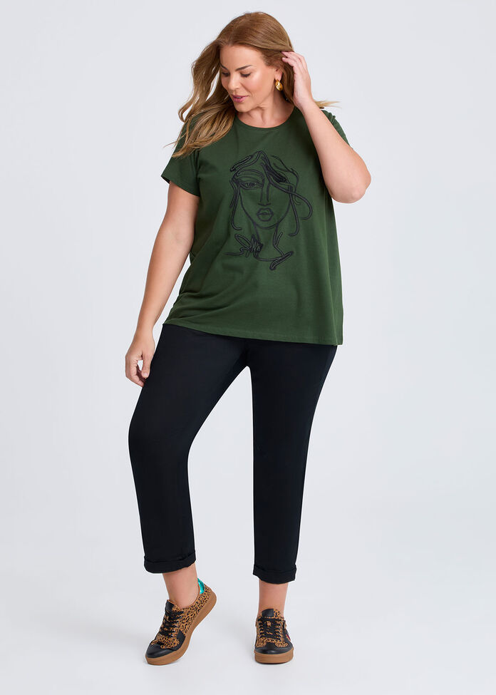 Cotton Face Embroidery T-shirt, , hi-res