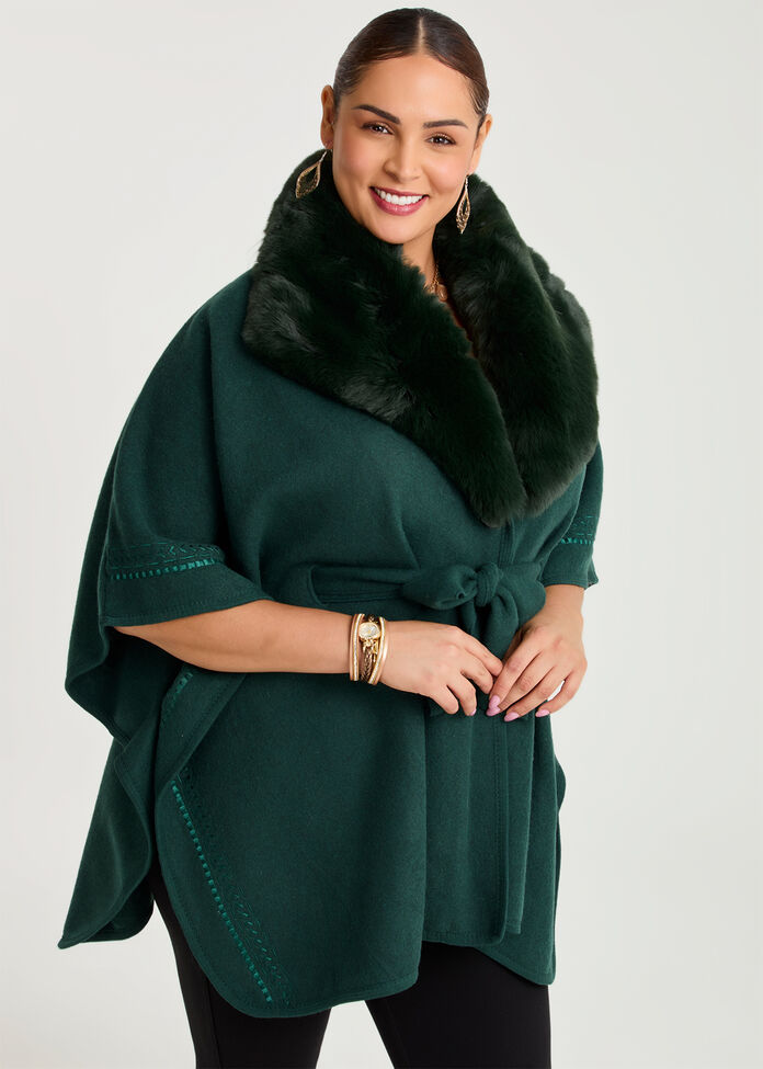 Embroidered Fur Tie Up Cape, , hi-res