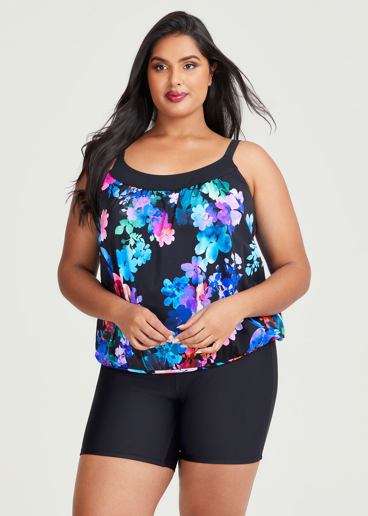 Shop Plus Size Inky Floral Blouson Tankini in Multi Taking Shape AU
