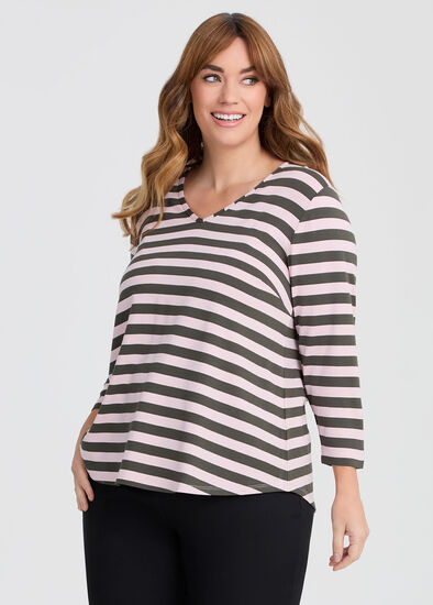 Plus Size Natural Stripe 3/4 Sleeve T-shirt