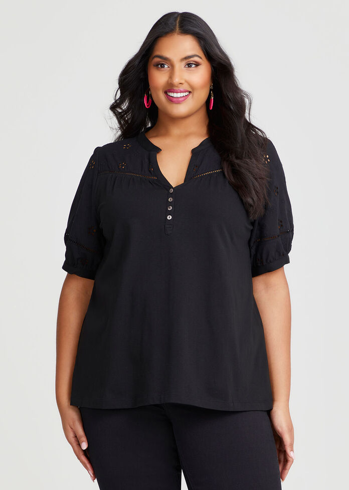 Cotton Broderie Puff Sleeve T-shirt, , hi-res