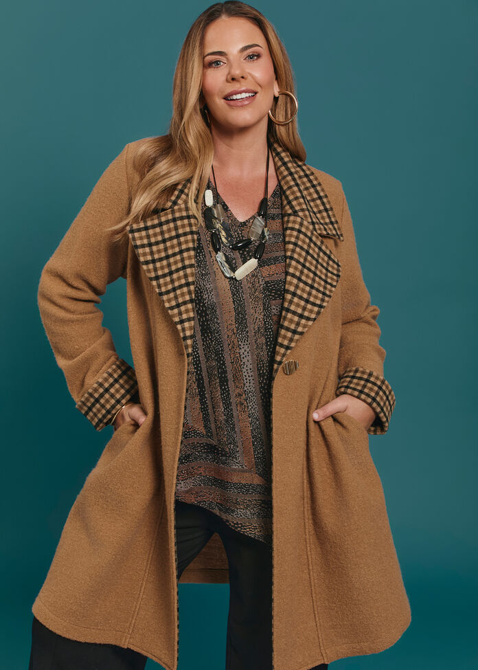 Madison Check Trim Boiled Wool Coat, , hi-res