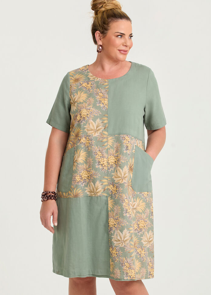 Cotton Linen Spliced Dress, , hi-res