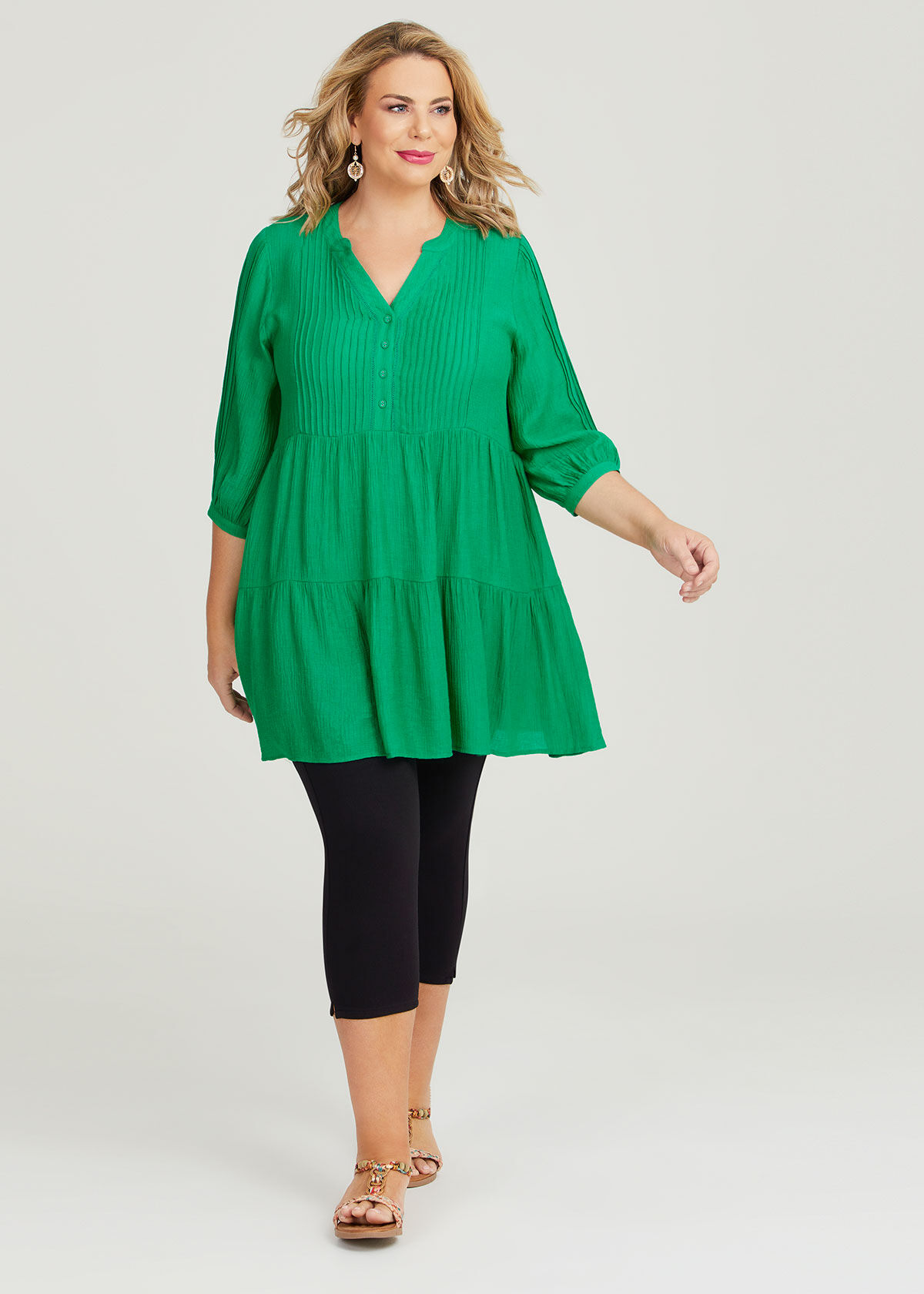 Shop Plus Size Natural Pintuck Tiered Tunic in Green Taking Shape NZ