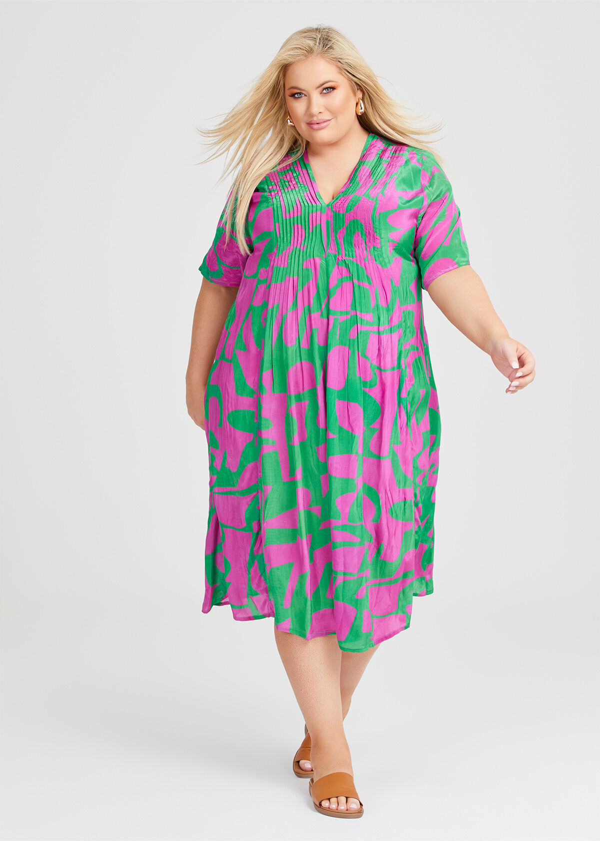 Shop Plus Size Fiesta Short Sleeve Midi Dress in Multi Taking Shape AU