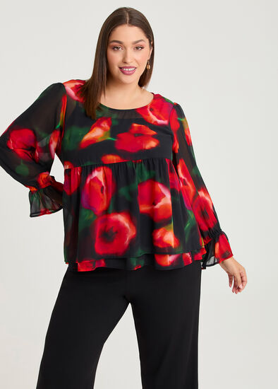 Plus Size Red Rose Chiffon Top