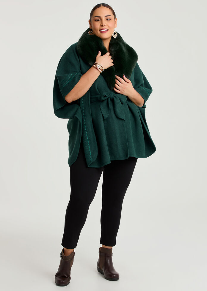 Embroidered Fur Tie Up Cape, , hi-res