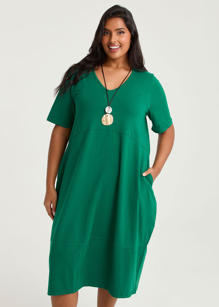 Cotton Talia Short Slv V-neck Dress, MEADOW GREEN, hi-res