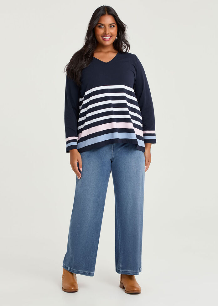 Cotton Pastel Stripe V-neck Top, , hi-res