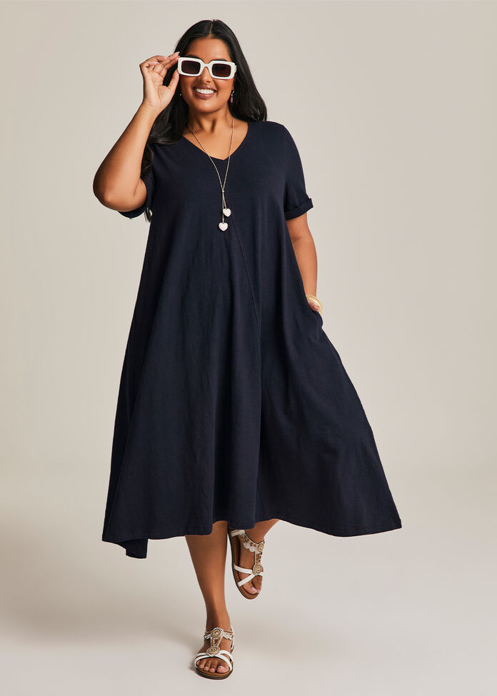 Cotton V-neck Swing Dress, , hi-res