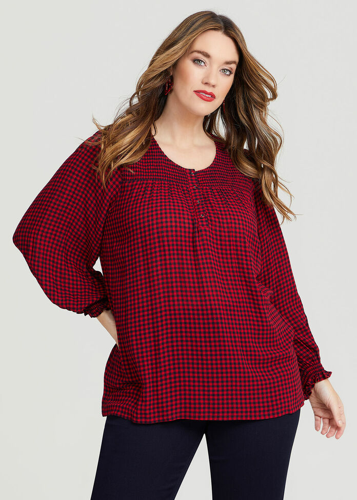 Shop Plus Size Natural Mini Gingham Peasant Top in Red | Taking Shape AU