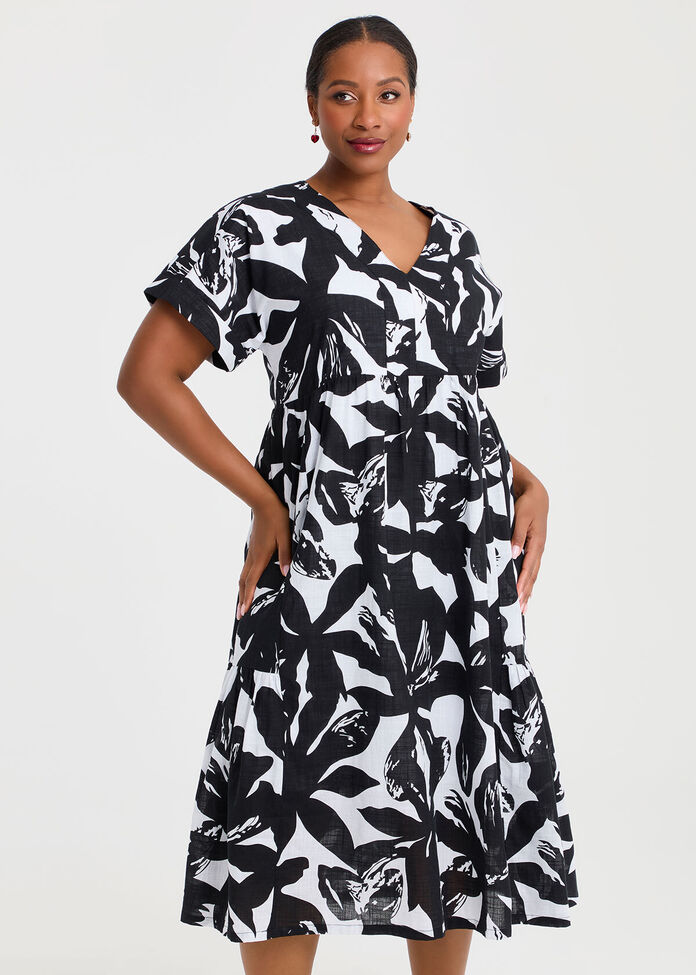 Cotton Floral V-neck Dress, , hi-res