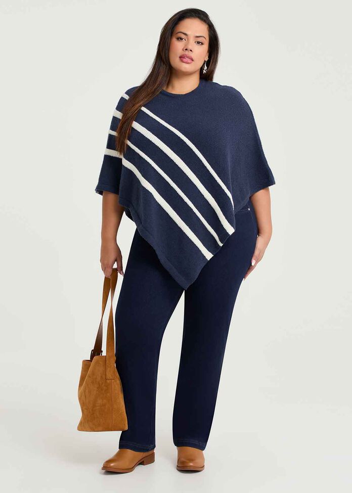 Casual Navy Striped Poncho, , hi-res