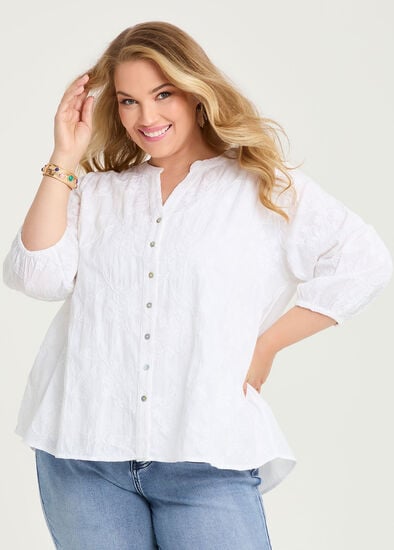 Plus Size Cotton Embroidery Button Top