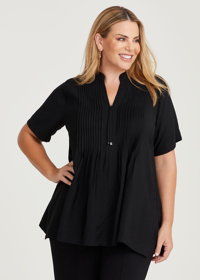Zoe Zip Neck Pintuck Natural Top, , hi-res
