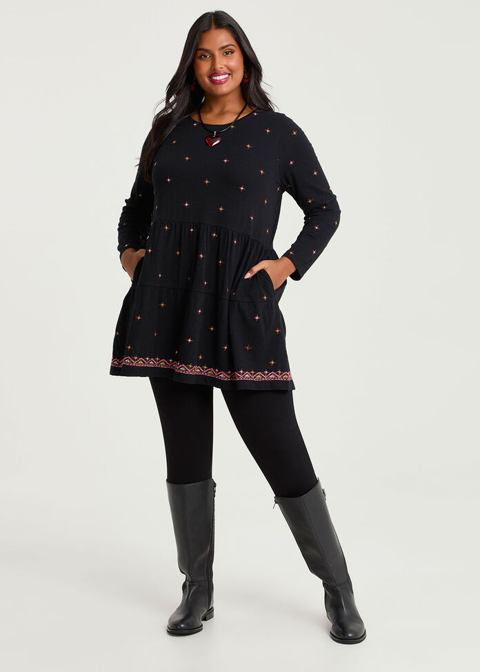 Cotton Embroidered Tiered Tunic, , hi-res