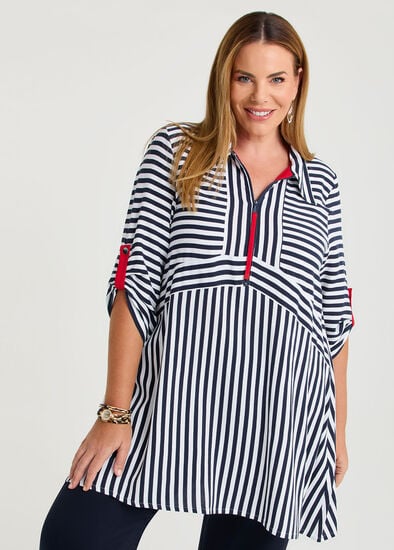 Plus Size Zip Collar Stripe Natural Tunic