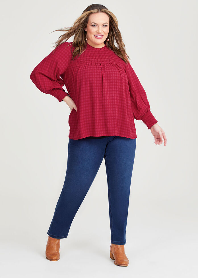 Cotton Mix Shirred Gingham Top, , hi-res