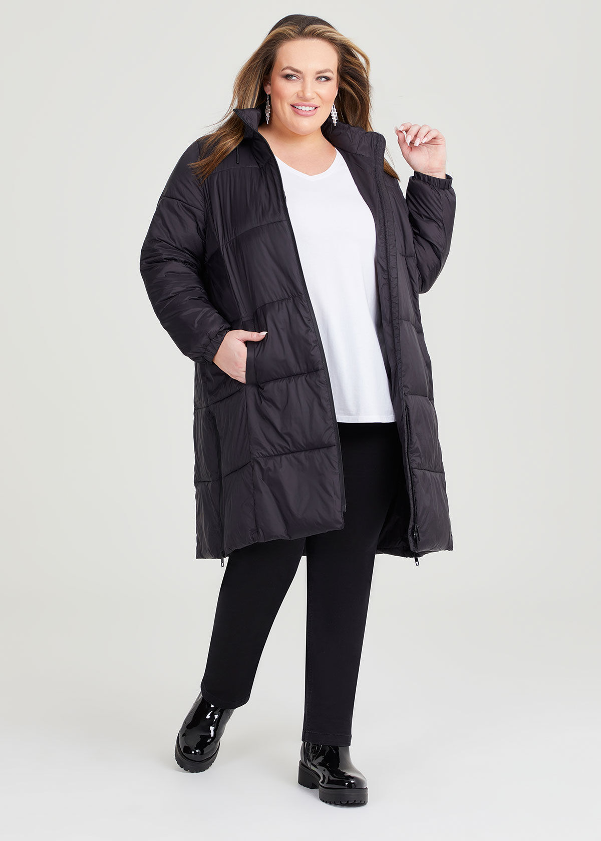 Shop Plus Size Long Line Zip Puffer Jacket in Black Taking Shape AU