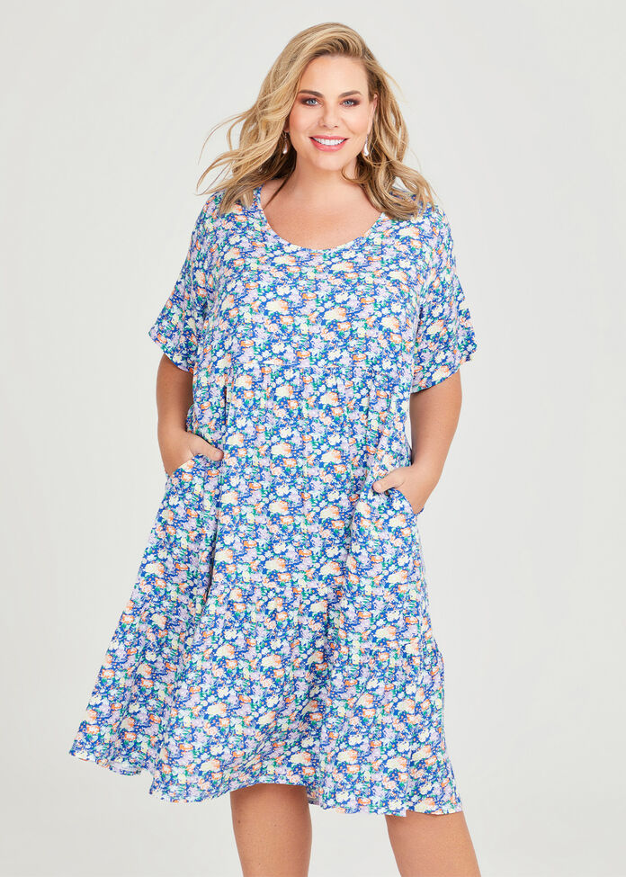Shop Plus Size Ditsy Floral Midi Tier Dress in Blue | Sizes 12-30 ...