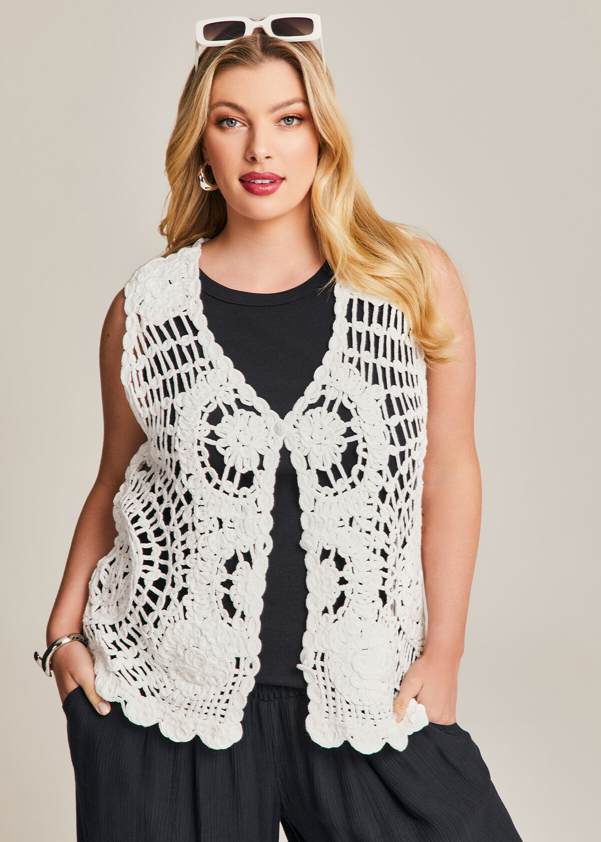 Shop Plus Size Cotton Crochet Knit Vest in White Taking Shape AU