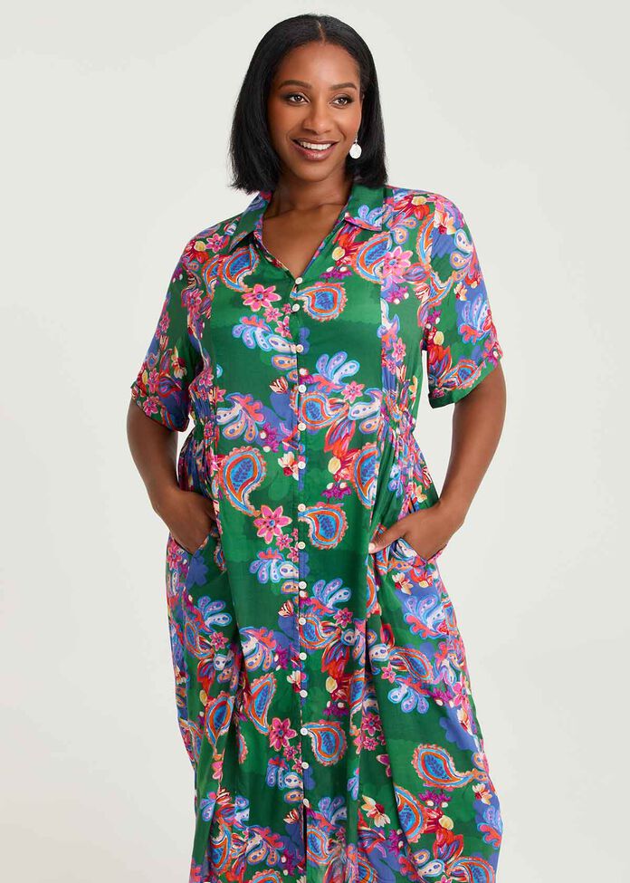 Natural Paisley Button Thru Dress, , hi-res