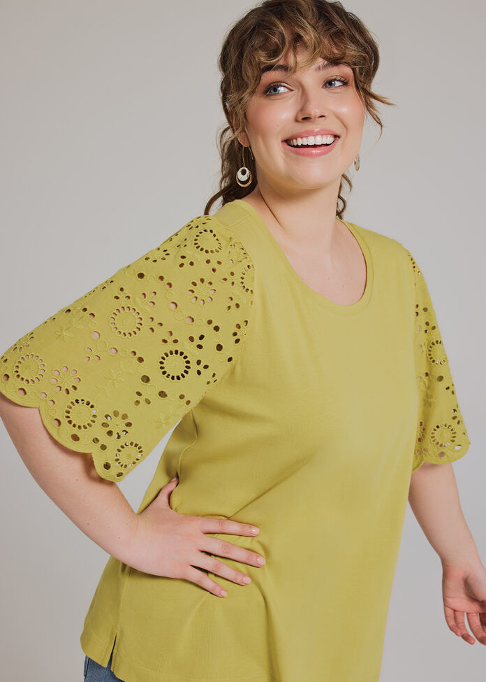 Cotton Broderie Sleeve T-shirt, , hi-res