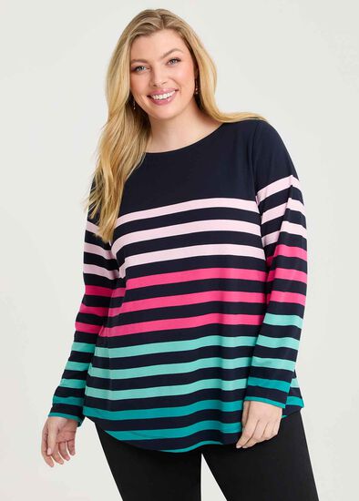 Plus Size Bamboo Ponte Boat Neck Stripe Top