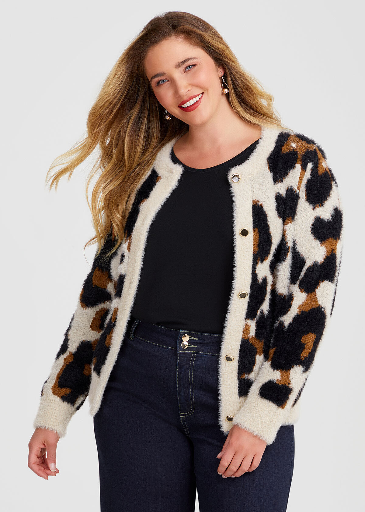 Shop Plus Size Fluffy Knit Crop Animal Cardigan, Multi | Taking