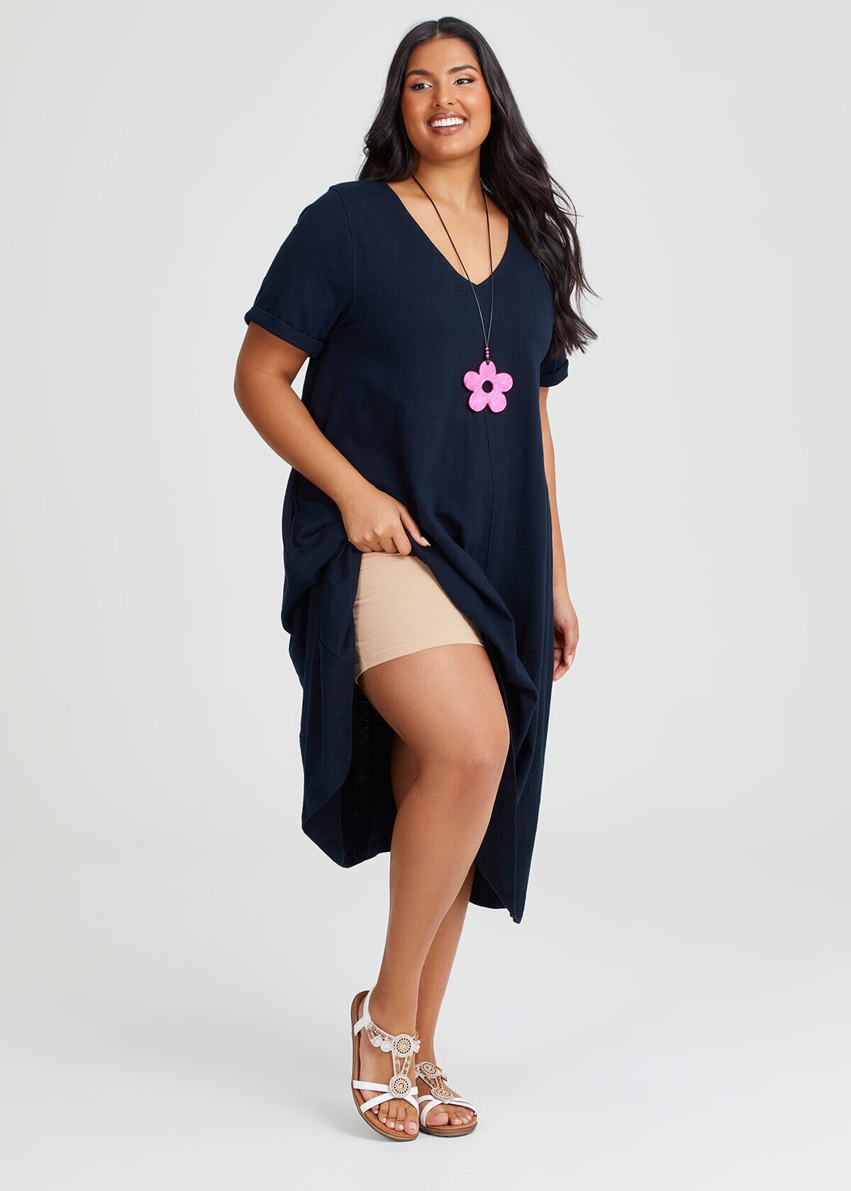 Shop Plus Size Cotton V neck Swing Dress in Blue Taking Shape UK