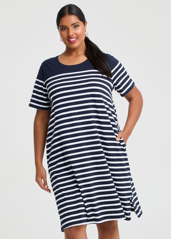 Cotton Knee Length Stripe Dress, , hi-res