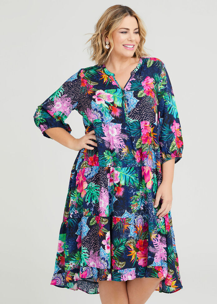 Shop Plus Size Natural Pattern Mix Tiered Dress in Multi | Taking Shape AU