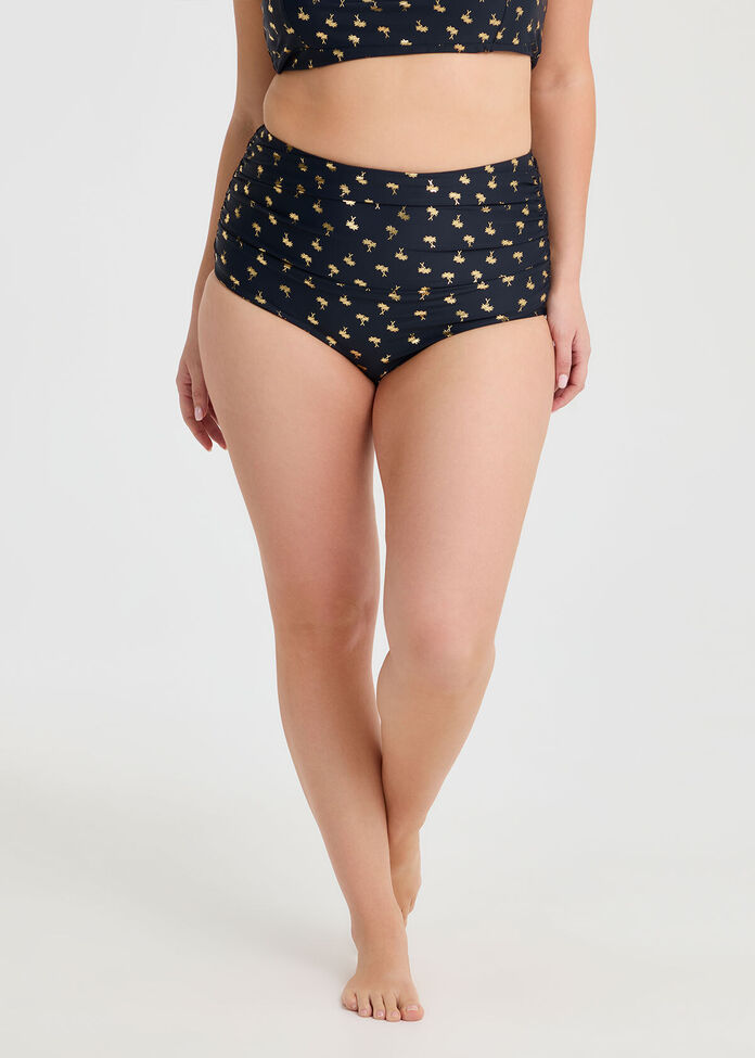 Gold Palm Ruched Swim Briefs, , hi-res