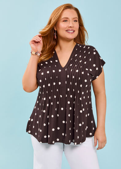 Plus Size Polka Dot Pintuck Natural Top