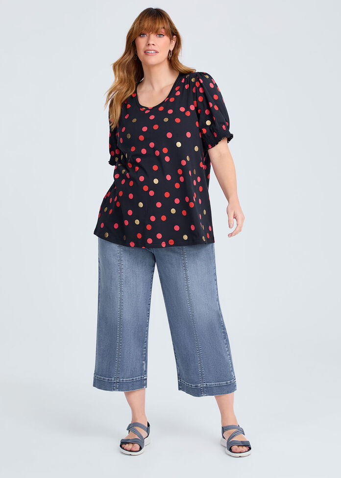 Cotton Shirred Sleeve Spot Top, , hi-res