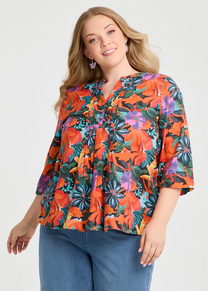 Cotton Summer Flora Pintuck Top, , hi-res