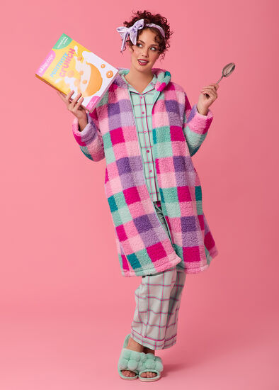 Plus Size Plush Check Zip Dressing Gown