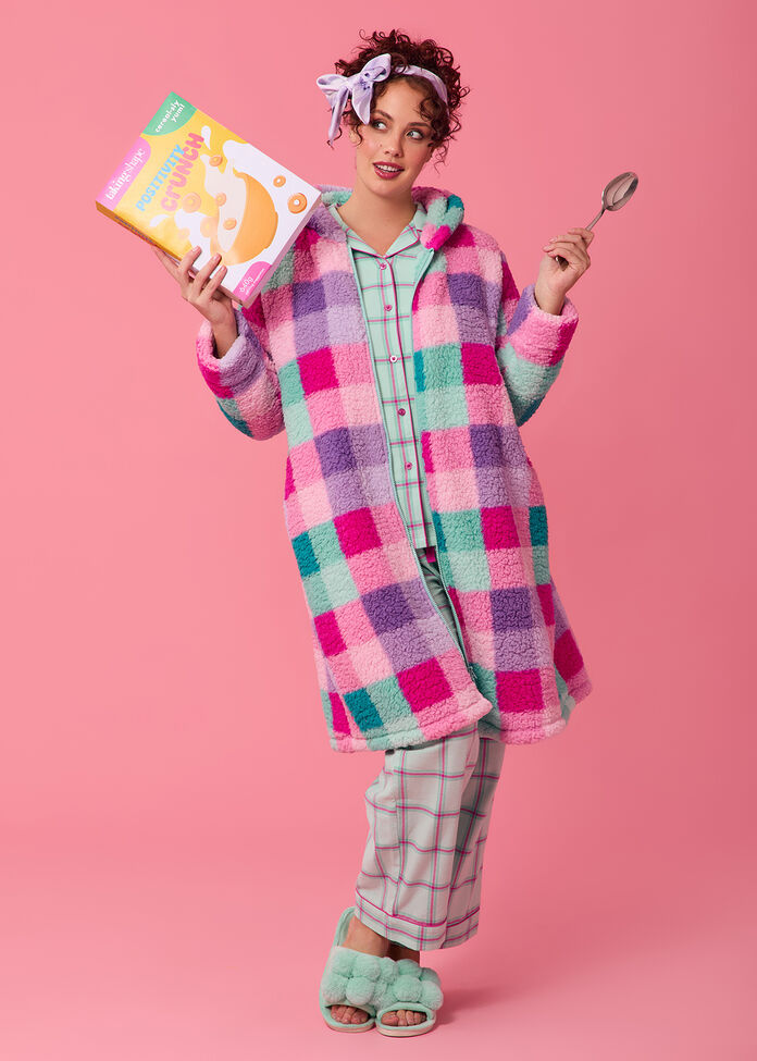 Plush Check Zip Dressing Gown, , hi-res