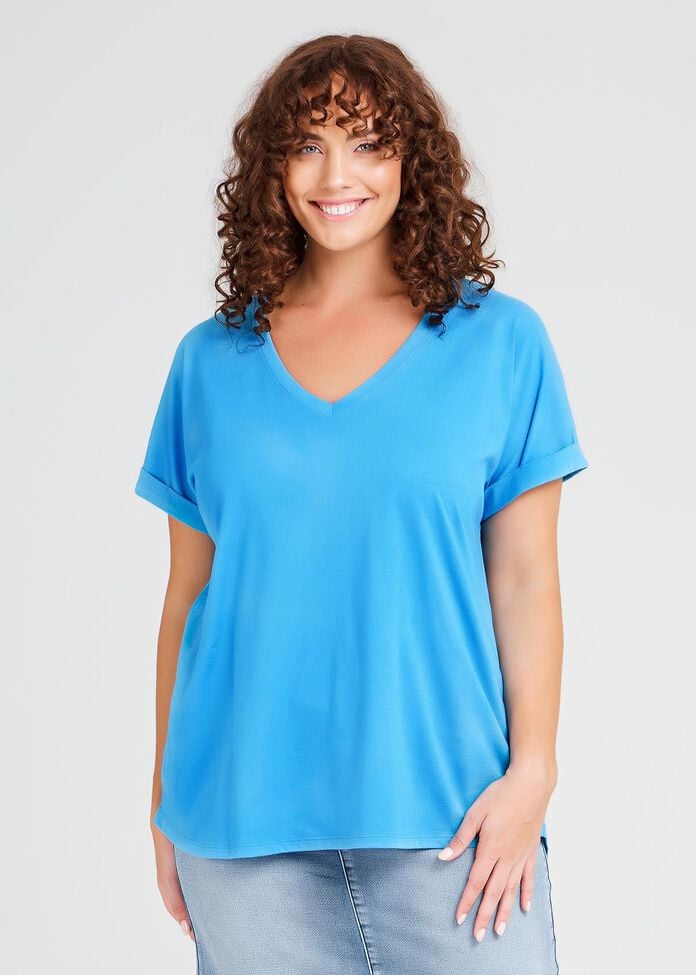 Cotton Blend V-neck Tee, , hi-res