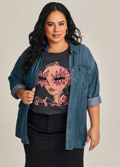 Plus Size Cotton Embellished Face T-shirt