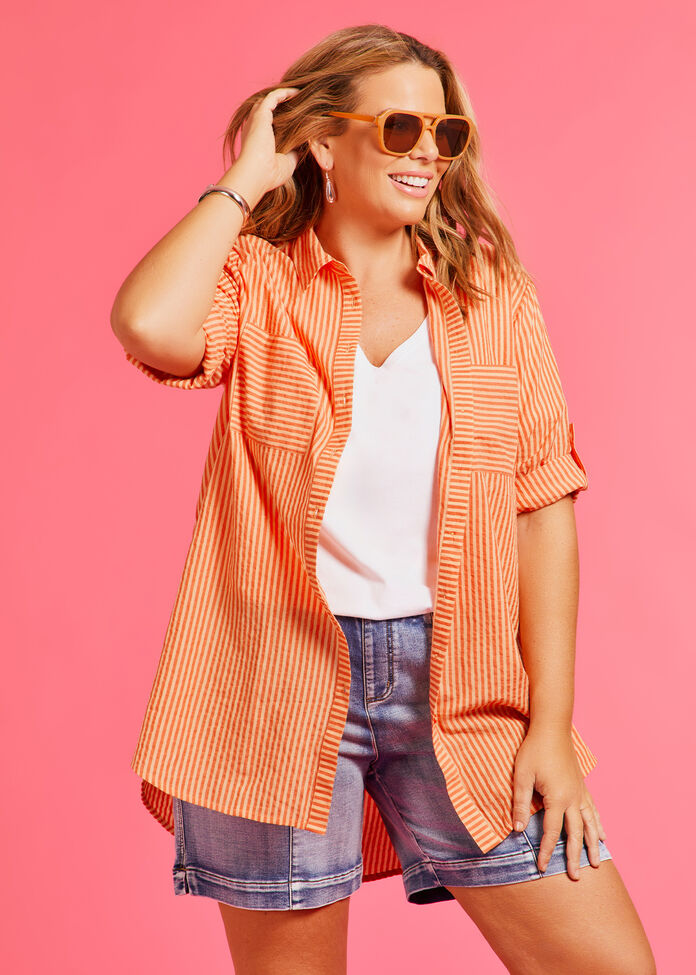 Cotton Seersucker Stripe Shirt, , hi-res