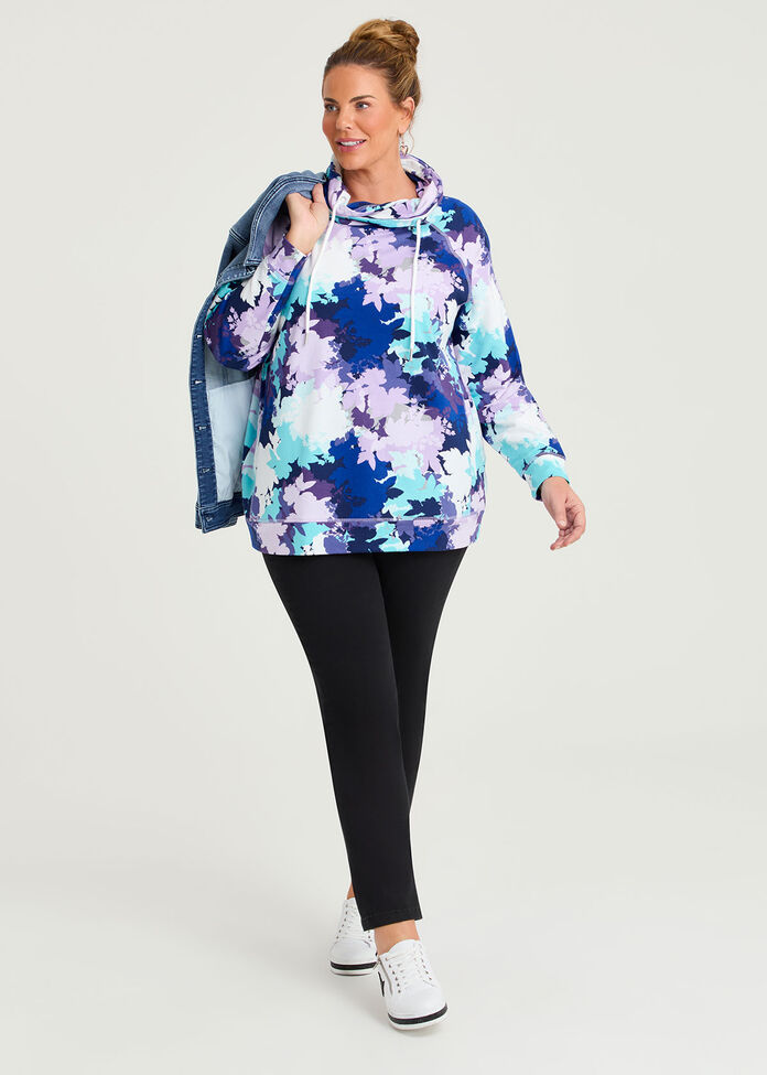 Printed Draw Collar Sweat, PURPLE PRINT, hi-res