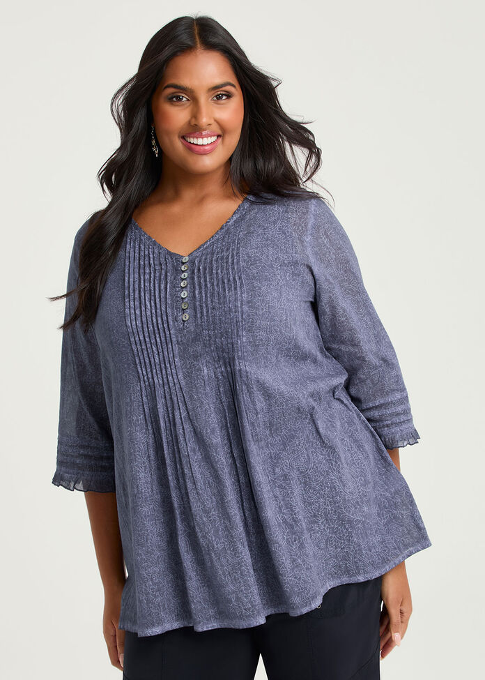 Cotton Paisley Pintuck Top, , hi-res