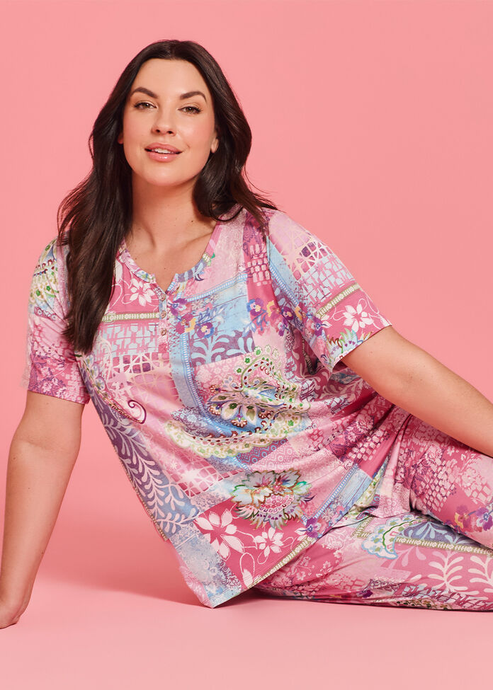 Bamboo Patchwork Pyjama Top, , hi-res