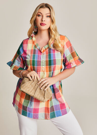 Plus Size Linen Blend Pleat Detail Top