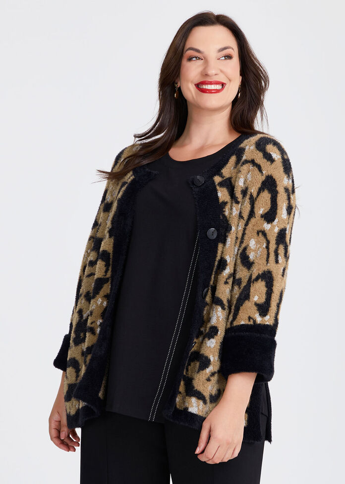 Leopard Print Knit Buttoned Cardigan With Crew Neck For Plus Size Women By French Coffee